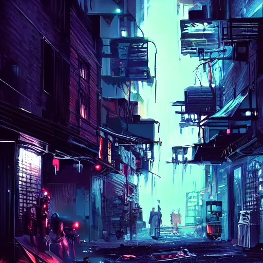 Prompt: epic digital matte paining of a dark alleyway in a cyberpunk city at nighttime by jama jurabaev and denis villeneuve, extremely detailed, artstation