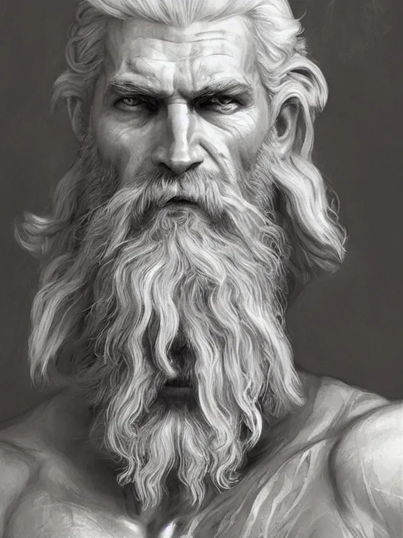 Image similar to painted portrait of rugged odin, god of war, nordic god, white hair, masculine, mature, handsome, upper body, grey and silver, muscular, hairy torso, fantasy, intricate, muscular, elegant, highly detailed, digital painting, artstation, concept art, smooth, sharp focus, illustration, art by gaston bussiere and alphonse mucha