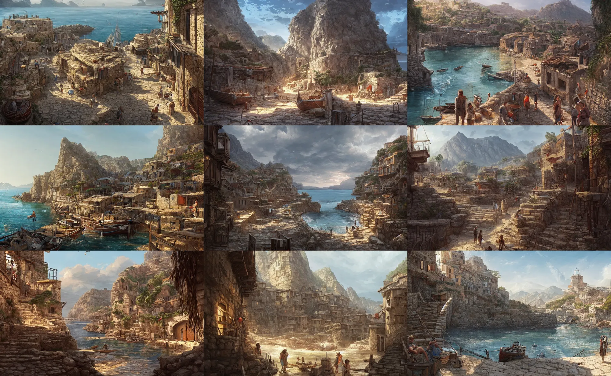 Prompt: ancient phoenician fishing village, street view, highly detailed, digital painting, artstation, concept art, sharp focus, illustration, art by artgerm and greg rutkowski and raphael lacoste and magali villeneuve