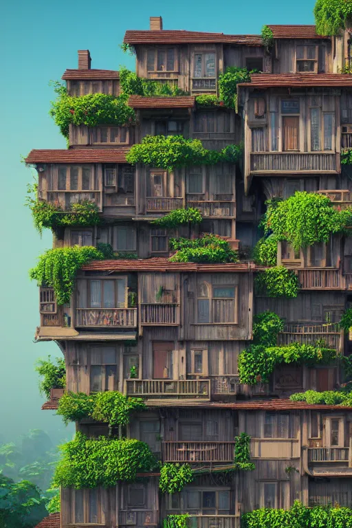 Image similar to stacked houses, solarpunk, studio ghibli, jean - baptiste monge, octane render, 4 k