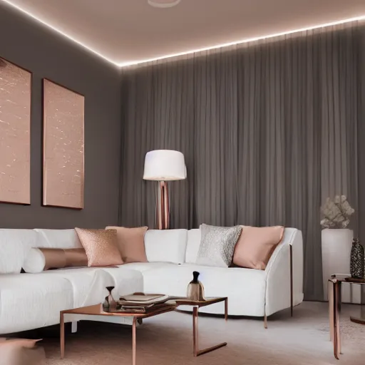 Image similar to 3 d render of white living room with rose gold metallic accents