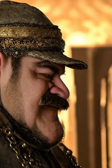 Image similar to very very intricate photorealistic photo of wario wearing his hat in an episode of game of thrones, photo is in focus with detailed atmospheric lighting, award - winning details