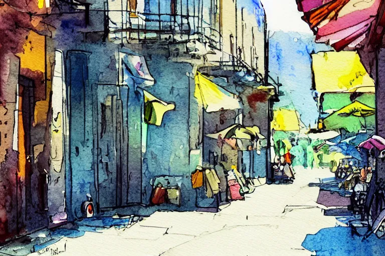 Image similar to street summer watercolor pen light color on artstation