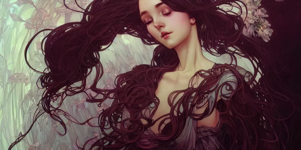 Image similar to beautiful woman is an angelic version of her self, dark surrealism , scifi, intricate, elegant, highly detailed, artstation, concept art, smooth, sharp focus, illustration, art by artgerm and moebius and alphonse mucha