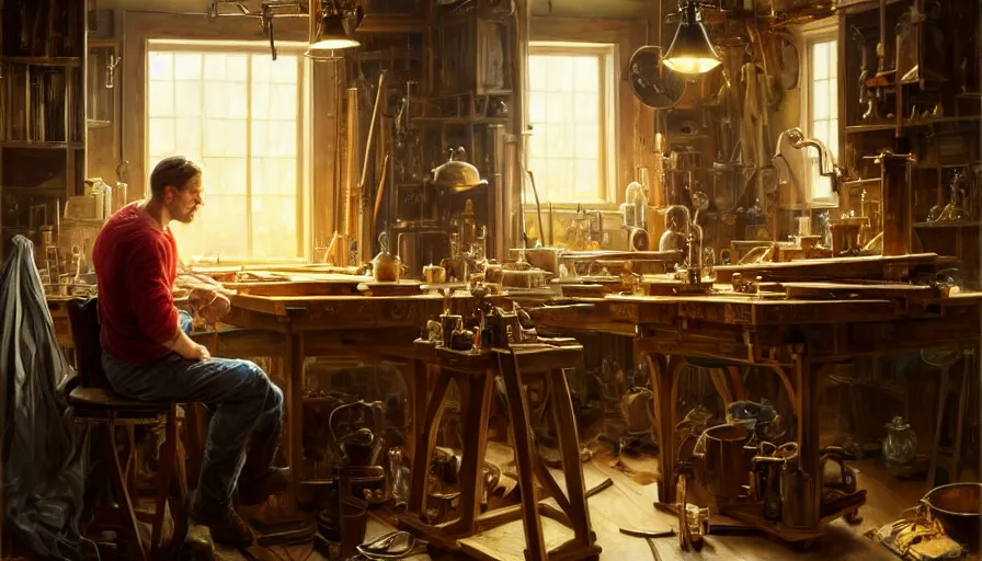 Image similar to highly detailed oil painting | very intricate | cinematic lighting | award - winning | craftsman | building a piece of furniture in their workshop | by greg rutkowski, by j. c. leyendecker, beautiful cinematic light, american romanticism, by anders zorn, by greg manchess, by jessica rossier, artstation, cgsociety, official art, octane