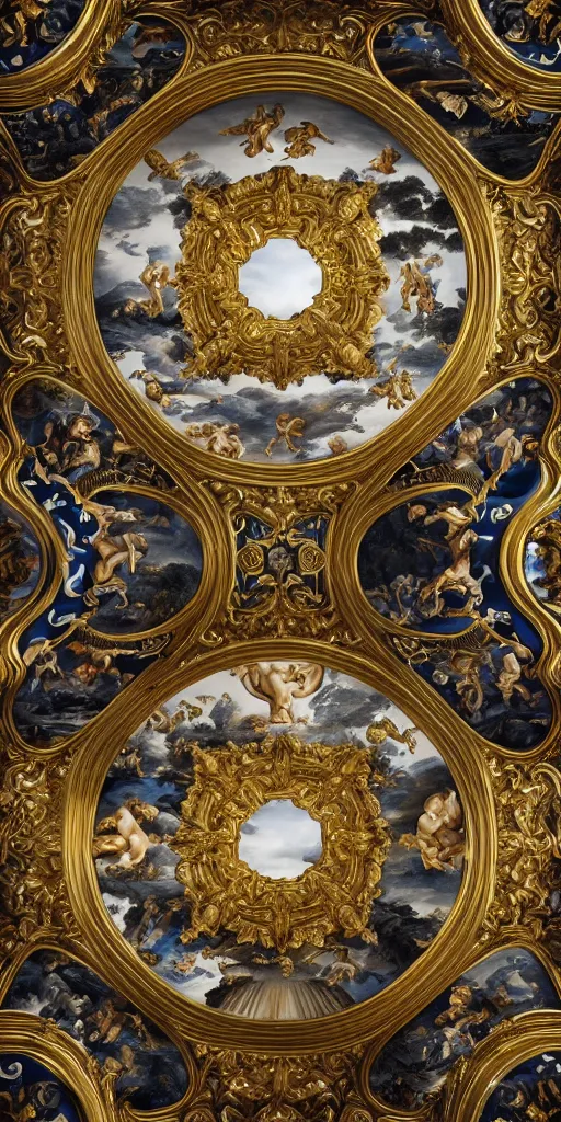 Prompt: the source of future growth dramatic, elaborate emotive Golden Baroque and Rococo styles to emphasise beauty as a transcendental, seamless pattern, symmetrical, large motifs, sistine chapel ceiling, 8k image, supersharp, Gold blue black and white, 3D, no blur, sharp focus, photorealistic, insanely detailed and intricate, Octane render, 8K