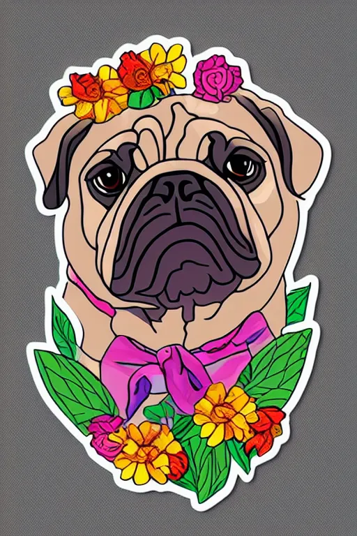 Image similar to portrait of a flower rambo pug, art by milka oxana, sticker, colorful, illustration, highly detailed, simple, smooth and clean vector curves, no jagged lines, vector art, smooth