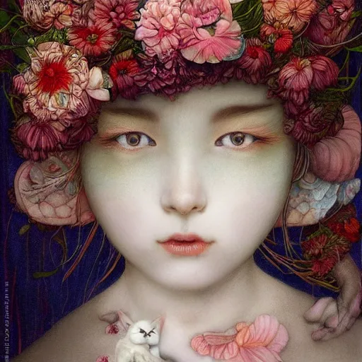 Image similar to white cat girl, botanical, portrait face, colorful, kupka, intricate, miles johnston, kuroda seiki, cynical realism, ozabu, john william godward, painterly, yoshitaka amano, moebius, miles johnston, louise zhang, james jean, mark ryden lowbrow pop surrealism art style