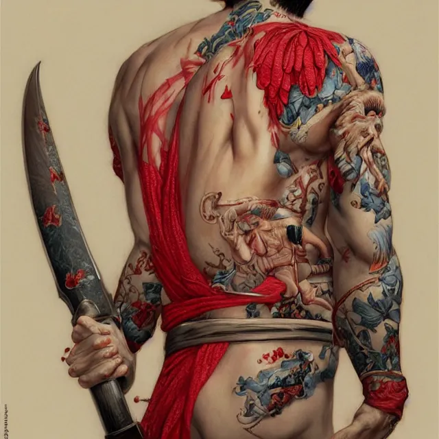 Prompt: ultra realistic illustration, borat dressed in red kimono weilding a katana, backview, tattoos, in the style of peter mohrbacher by weta digital and beth cavener, high face symmetry, intricate, masterpiece, award winning, high face symmetry, intricate