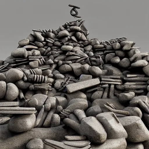 Image similar to sculpture made of piled stones, wood, nails, sunlit, photorealistic, 3 d rendering, higly detailed, minimalist, made with unreal engine, cgsociety, by yves tanguy, by nate boyce, by david smith