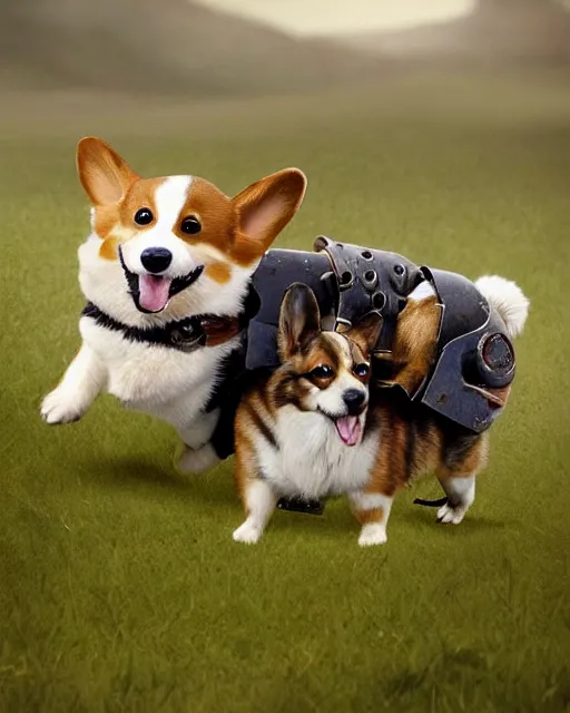 Prompt: photos of warriors riding happy looking corgi dogs into battle, photorealistic, cinematic, in the style of peter jackson