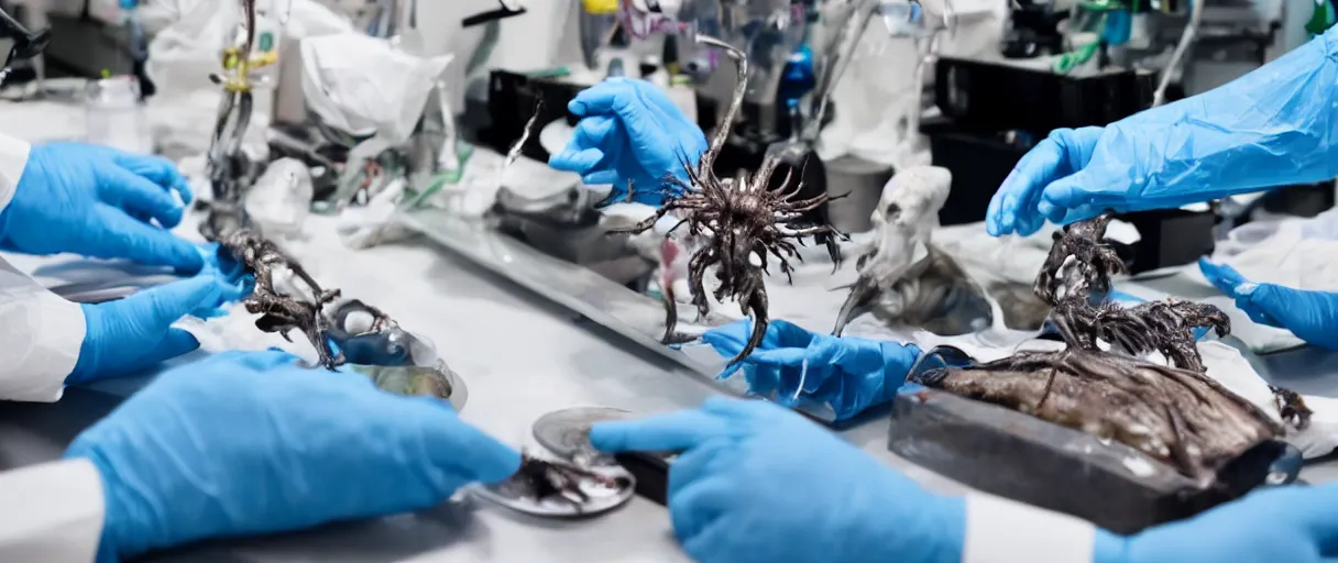 Image similar to filmic dutch angle extreme closeup movie still 4 k uhd 3 5 mm film color photograph of hands wearing surgical gloves dissecting a deceased mysterious grotesque alien specimen in a lab