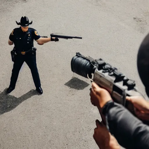 Prompt: cop with cowboy head shooting in direction of the camera, cool style, super high quality