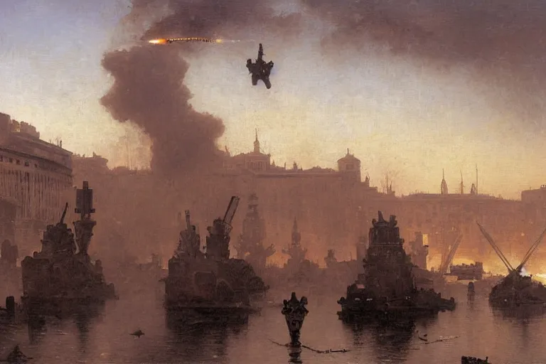 Prompt: a giant steampunk mecha attack with missiles ponte santa trinita at dawn, night, rain, oil paint by william - adolphe bouguereau