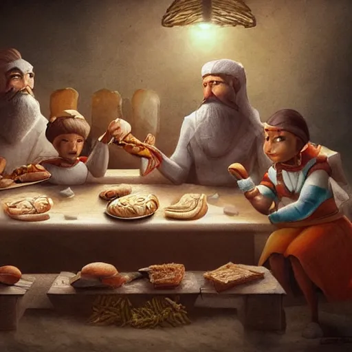 Prompt: a family of sumerians eating bread around a table, trending on pixiv, digital art, detailed, hd, cinematic, low ambient light