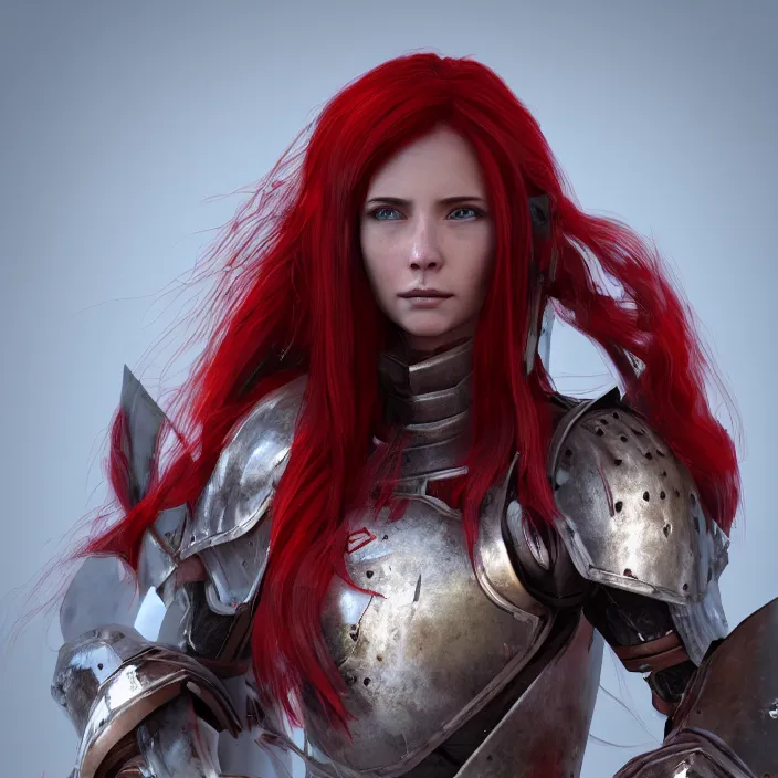 Prompt: a girl with long red hair wearing a red plate armor in a battlefield, 3d render, octane render, unreal engine 5, 8k hdr, hyperrealistic, highly detailed, high quality, concept art, trending on Artstation, full-body armor,