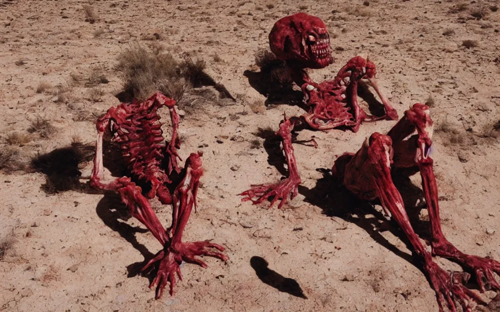 Image similar to in the desert a bloody gross horrifying The Thing creature made of muscle and bone and blood stares at the camera, eating, mid day, 35mm photography, realistic,