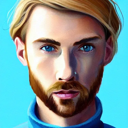 Prompt: gangly mid thirties man with short blond brown wavy hair, blond brown stubble thin beard, no mustache, English heritage, blue eyes, middle aged, wearing a turtleneck and jacket, pale skin, frowning, narrow face, digital art, painterly, cartoon, cute, 8k, illustration, art by loish, painterly, trending on artstation, medium shot, uncropped