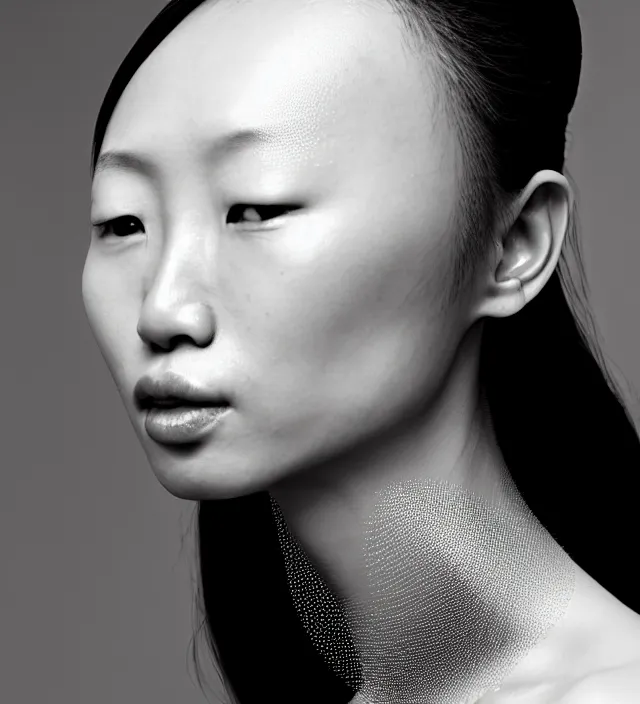 Prompt: photography face profil portrait of a beautifull asian woman, half in shadow, natural pose, natural lighting with rim light, no flash, wearing an ornate transparent and metallic original creative dress with coloth convolution by iris van herpen, highly detailed, skin grain detail, high detail, photography by by paolo roversi, creativity in fashion design