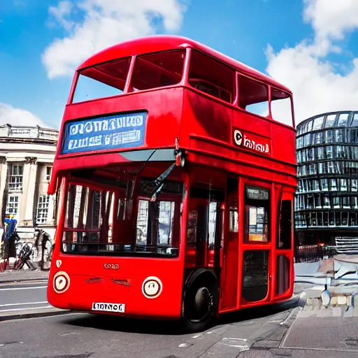 Prompt: a giant statue of a red plunger with a wooden shaft in the center of london. a london bus in the background.