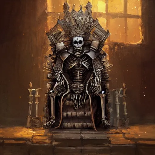 Image similar to Skeleton King, plate armour, resting on his throne, crown, oil painting, by Fernanda Suarez and Greg Rutkowski