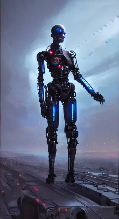 Prompt: full length portrait of a catholic cyborg robot dj with piercing blue eyes, dramatic light, cinematic background on stage, depth, high detail, digital art, 4 k, painted by greg rutkowski and quentin tarantino, trending on artstation