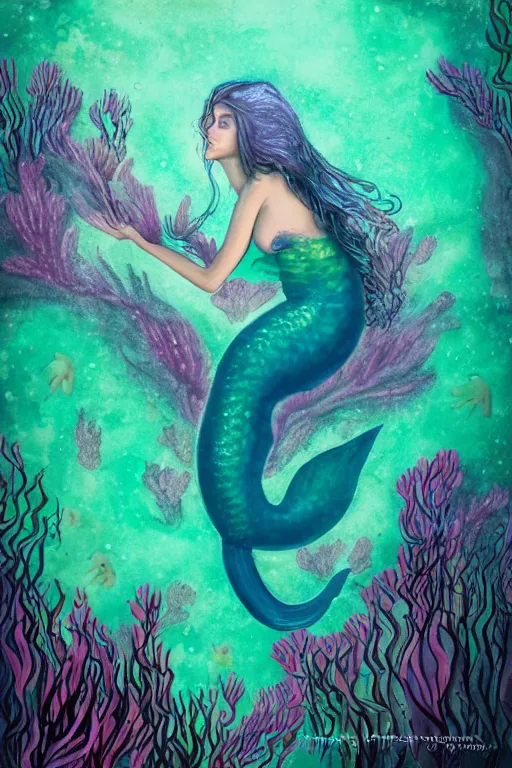 Image similar to beautiful mermaid swimming through bioluminescent algae coral reefs by małgorzata kmiec