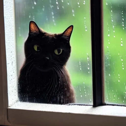 Prompt: A beautiful photograph of a cat looking out the window on a rainy day.