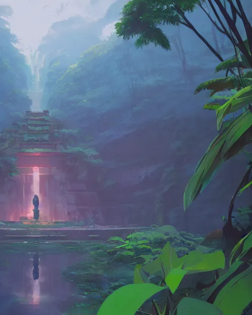 Prompt: forgotten temple, lush vegetation, waterfalls, cory loftis, james gilleard, atey ghailan, makoto shinkai, goro fujita, rim light, exquisite lighting, clear focus, very coherent, plain background, soft painting