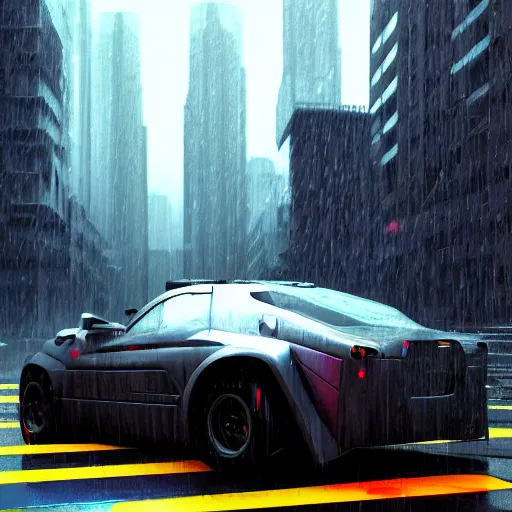 Image similar to a picture of a car in the rain, cyberpunk art by fyodor vasilyev, zbrush central contest winner, cubo - futurism, synthwave, darksynth, retrowave