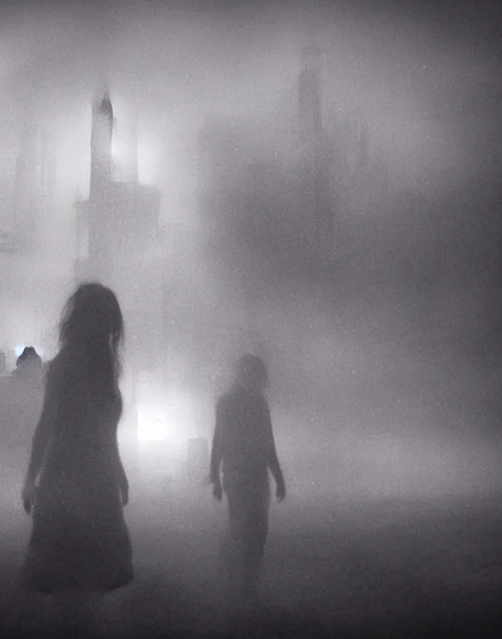 Image similar to very low - resolution found footage of a couple escaping in the city from a starfish kaiju monster, fog, foggy, korean film noir, monochrome, red hue, thriller, underdeveloped, epic, dramatic