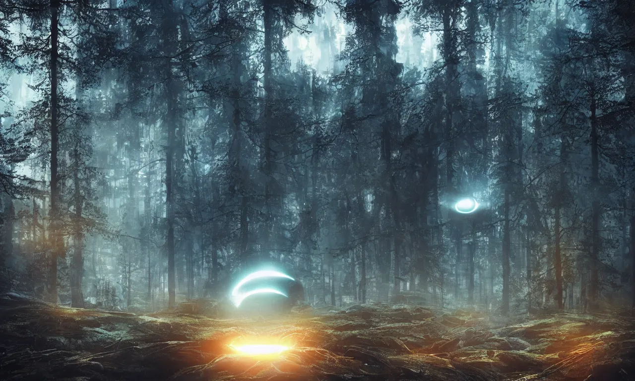 Prompt: Glowing Sauron Eye at Finnish forest lake, futuristic, cyberpunk, highly detailed, photorealistic, sharp focus, cinematic composition, cinematic lighting, detailed