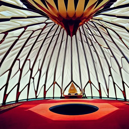 Image similar to interior of a futuristic lotus temple with gold, red and white marble panels, in the desert, by buckminster fuller and syd mead, intricate contemporary architecture, photo journalism, photography, cinematic, national geographic photoshoot