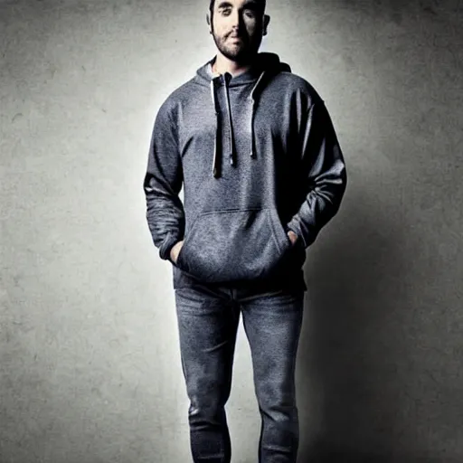 Image similar to a full body shot of an attractive man in a hoodie