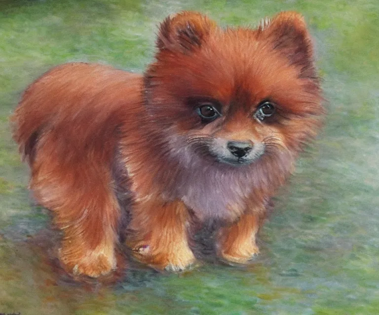 Image similar to brown pomeranian, cute, monet, water painting