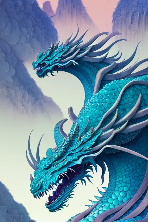 Prompt: a beautiful hyperdetailed character design 4 k wallpaper illustration of a huge cyan dragon, victo ngai style, from china, style of studio ghibli, makoto shinkai, raphael lacoste, louis comfort tiffany, denoise, deblurring, artgerm, xision, james jean, ross tran, chinese style