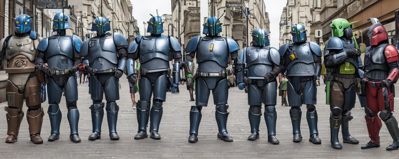 Image similar to four overweight, bored mandalorians on the streets of London