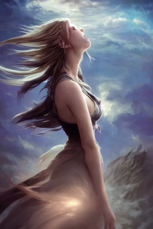 Image similar to seductive looking final fantasy x, windy hair!!, screaming, surreal dark fantasy, cinematic volumetric lights, full body portrait, dnd, intricate, elegant, highly detailed, digital painting, artstation, concept art, smooth, sharp focus, illustration, art by artgerm and tom bagshaw and greg rutkowski and alphonse mucha