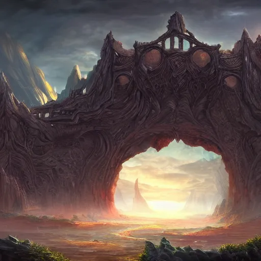 Image similar to gigantic gateway to another world, fantasy, highly detailed, trending on artstation