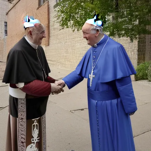 Prompt: the pope and a member of the crips street gang happily shaking hands in a chicago neighborhood, 8 k, very detailed, very intricate,