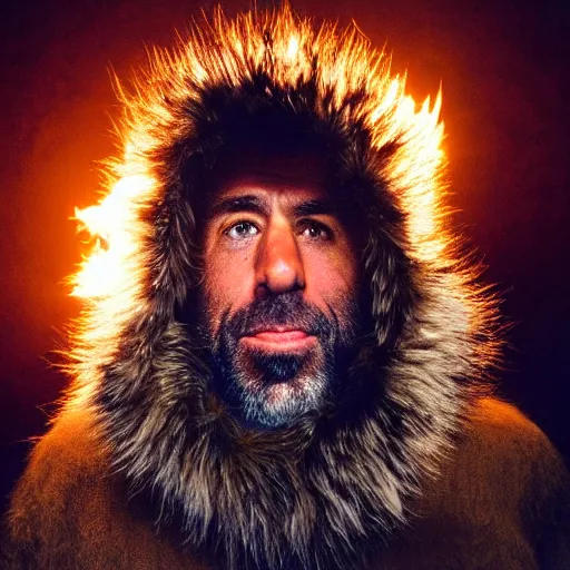 Prompt: Photo portrait Joe Rogan as a neanderthal cave man wrapped in fur cloak lit by fire cave background dramatic lighting 85mm lens by Steve McCurry