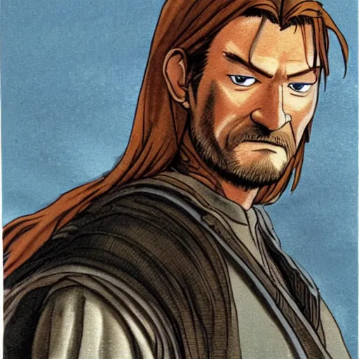 Image similar to boromir from the anime lord of the rings (1986), ginger hair, looking serious, some beard, studio ghibli, very detailed, realistic