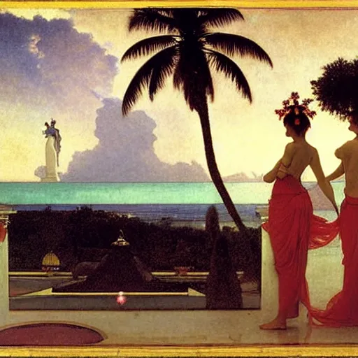 Image similar to Silhouette of two girls at the palace, thunderstorm, greek pool, beach and palm trees on the background major arcana sky, by paul delaroche, alphonse mucha and arnold böcklin arnold böcklin hyperrealistic 8k, very detailed