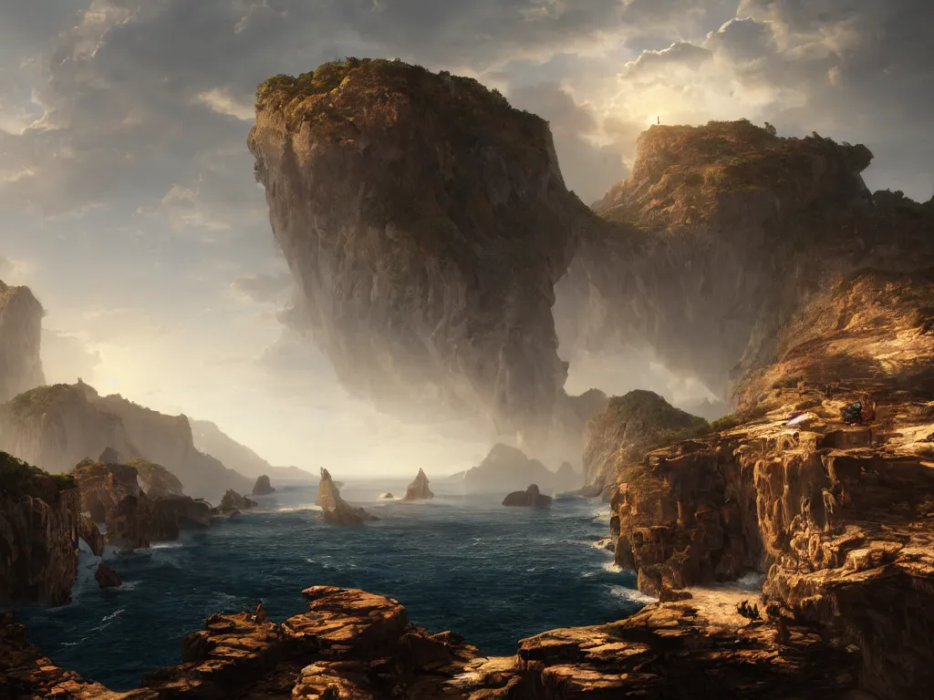 Prompt: cliffs, arch, cove, port town, fantasy, exquisite, volumetric lighting, 8 k octane beautifully detailed render, post - processing, extremely hyper - detailed, intricate, epic composition, cinematic lighting, masterpiece, trending on artstation, stunning art by caravaggio, by simonetti, beautiful cinematic light