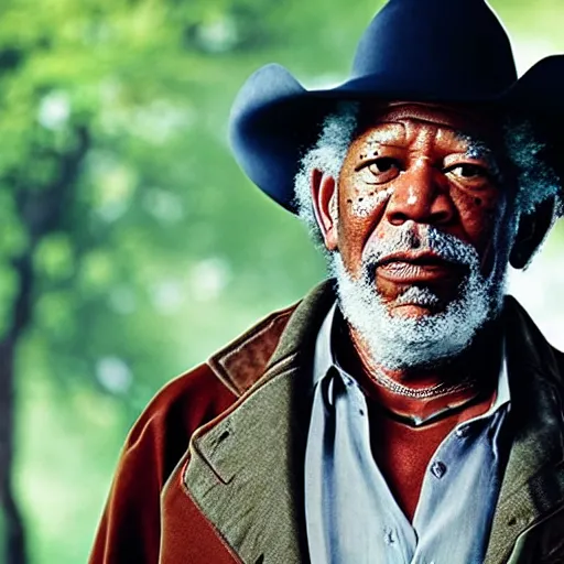 Image similar to an film still of morgan freeman as cowboy with beard, western background