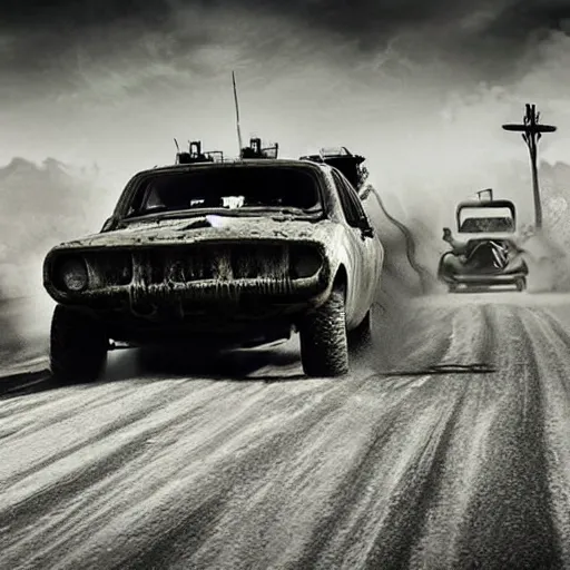 Image similar to mad max style, a car driving in street