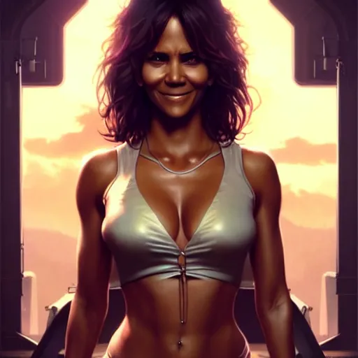 Image similar to halle berry, cg animation, riot entertainment realistic, character select portrait, by artgerm, greg rutkowski, alphonse mucha, 3 d