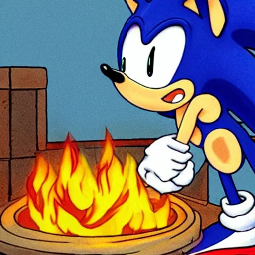 Image similar to Sonic the Hedgehog, roasting on an open fire