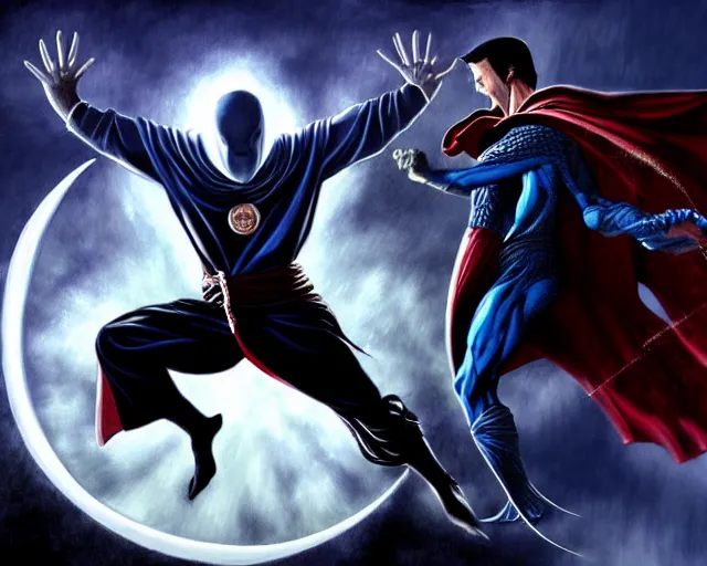 Prompt: fine realistic concept art of moon knight vs dr. strange, in the style of boris vallejo, digital art, photorealistic