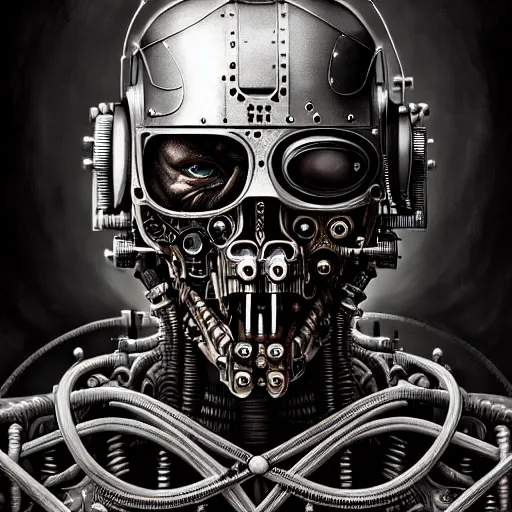 Image similar to ultra realist intricate detailed painting of a single rugged cyborg male, bearded face and cyborg tech on body, symmetry accurate features, cyberpunk, industrial, apocalyptic, very intricate details, focus, high resolution, 4 k, artstyle h. r. giger and hiraku tanaka, award winning